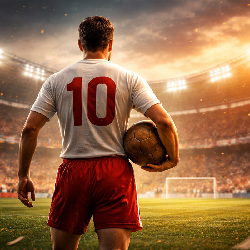 Calciatore di spalle in uno stadio illuminato mentre si prepara al tiro, rappresentazione del calcio essenziale