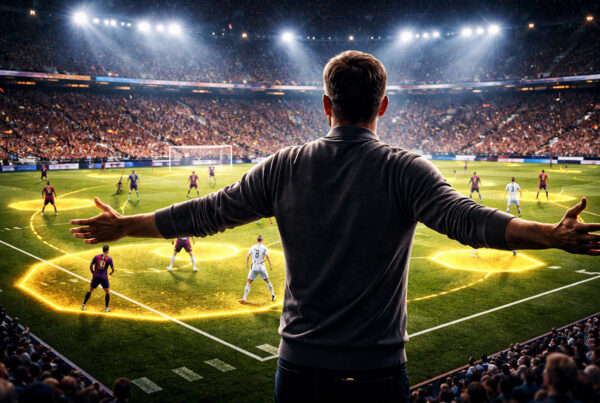 Allenatore di spalle osserva tattica centravanti spazio in partita di calcio moderno