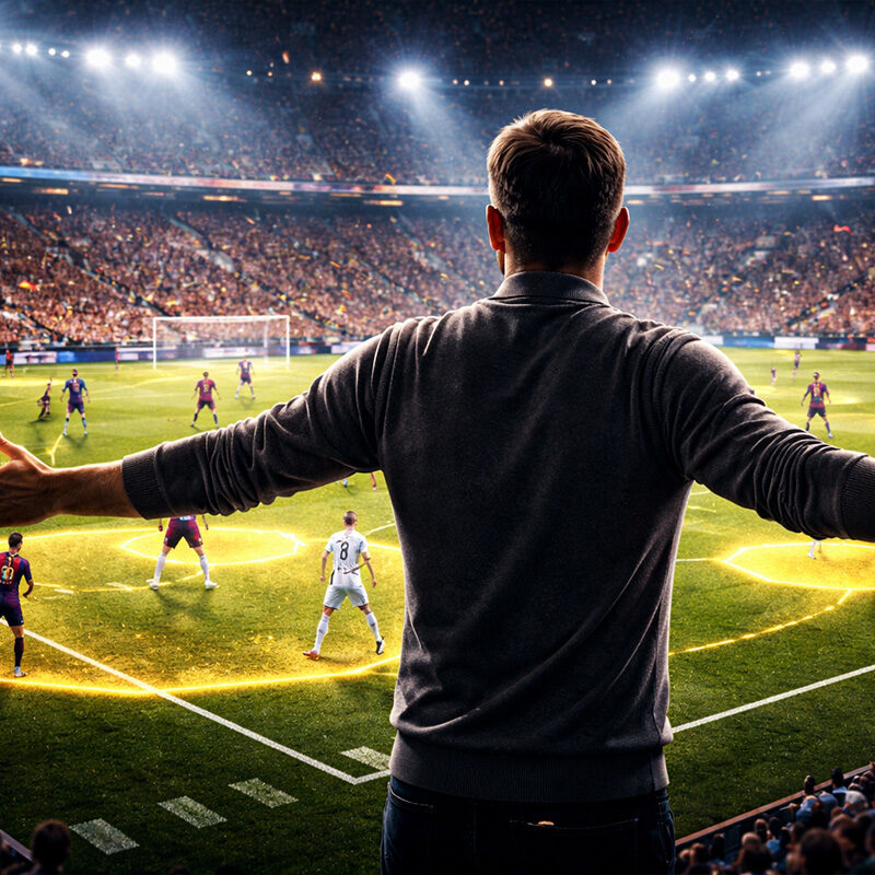 Allenatore di spalle osserva tattica centravanti spazio in partita di calcio moderno