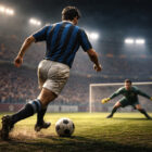 Gol alla Meazza illustrato: attaccante di spalle dribbla il portiere in uno stadio illuminato durante un’azione spettacolare.