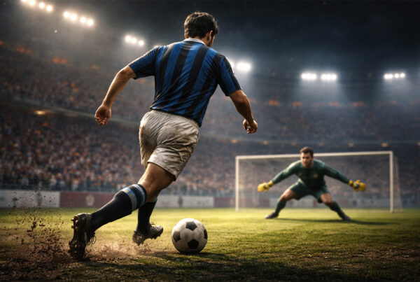 Gol alla Meazza illustrato: attaccante di spalle dribbla il portiere in uno stadio illuminato durante un’azione spettacolare.