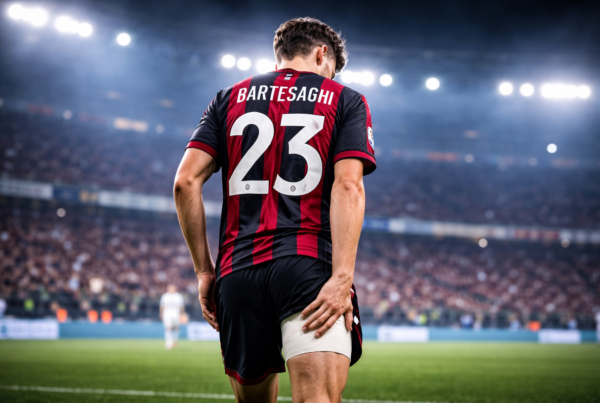 Infortunio Bartesaghi: il difensore del Milan di spalle con fasciatura alla coscia durante la partita