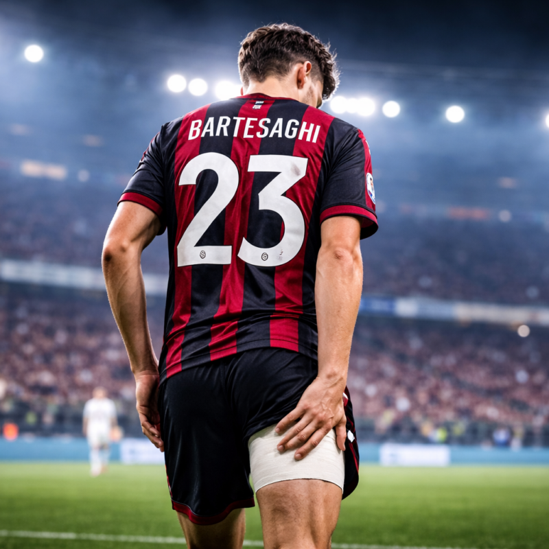 Infortunio Bartesaghi: il difensore del Milan di spalle con fasciatura alla coscia durante la partita