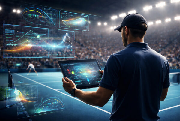 Intelligenza artificiale nel tennis con coach che analizza dati in tempo reale durante una partita su campo illuminato