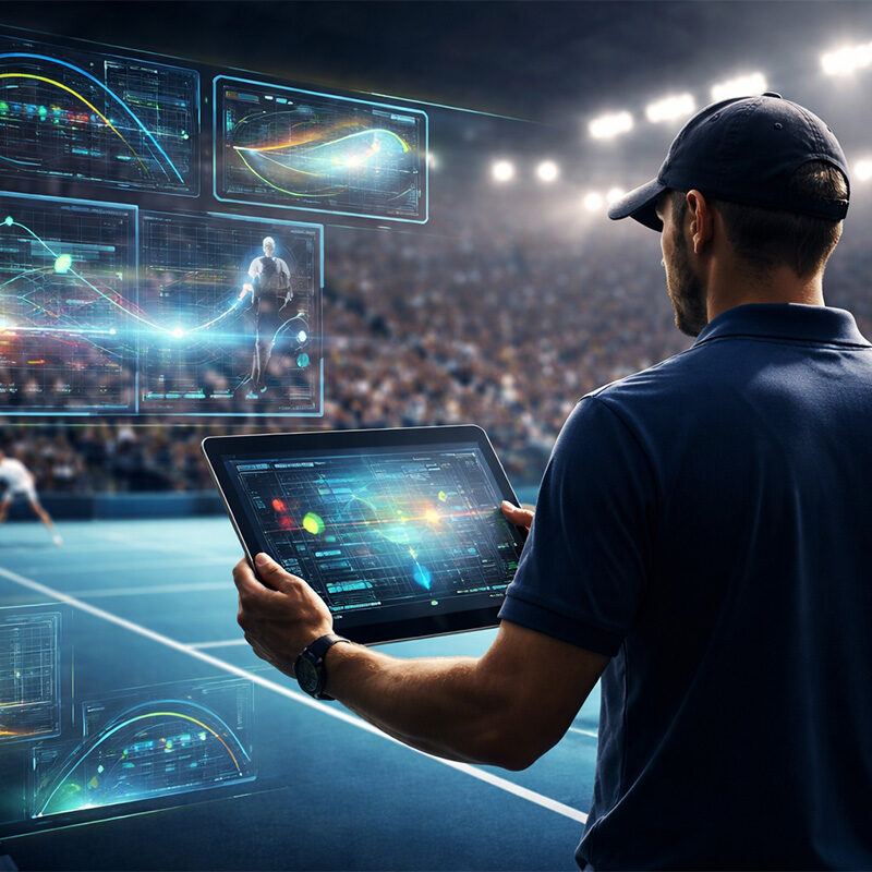 Intelligenza artificiale nel tennis con coach che analizza dati in tempo reale durante una partita su campo illuminato