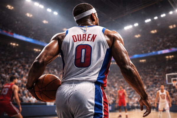 Jalen Duren di spalle in maglia Detroit Pistons domina l’area durante una partita NBA in un’arena illuminata