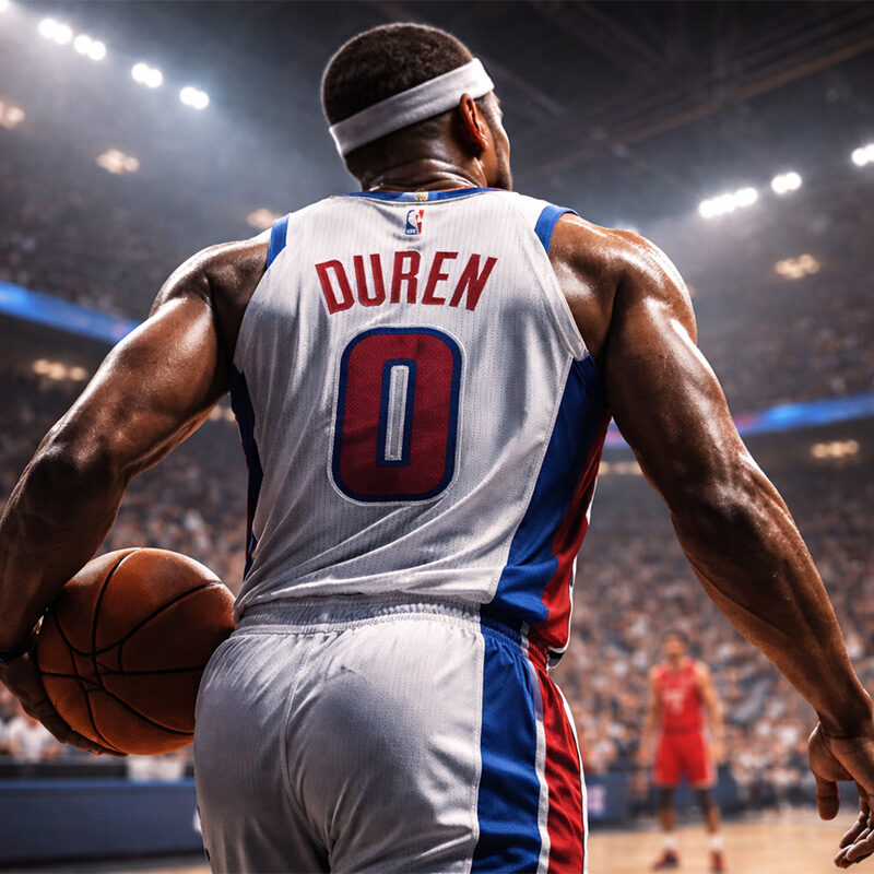 Jalen Duren di spalle in maglia Detroit Pistons domina l’area durante una partita NBA in un’arena illuminata