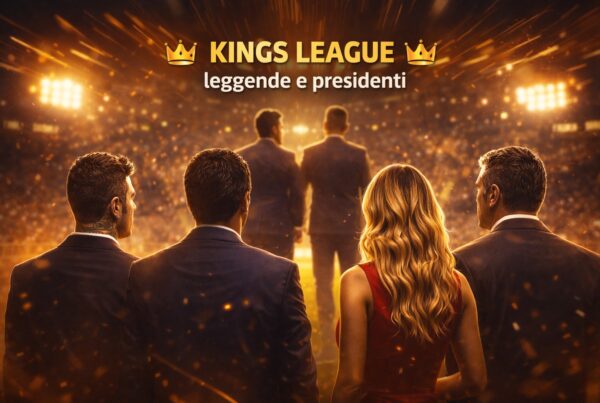 Grafica Kings League con quattro presidenti di spalle in abito elegante davanti a uno stadio illuminato con atmosfera dorata. testo visibile Kings League leggende e presidenti