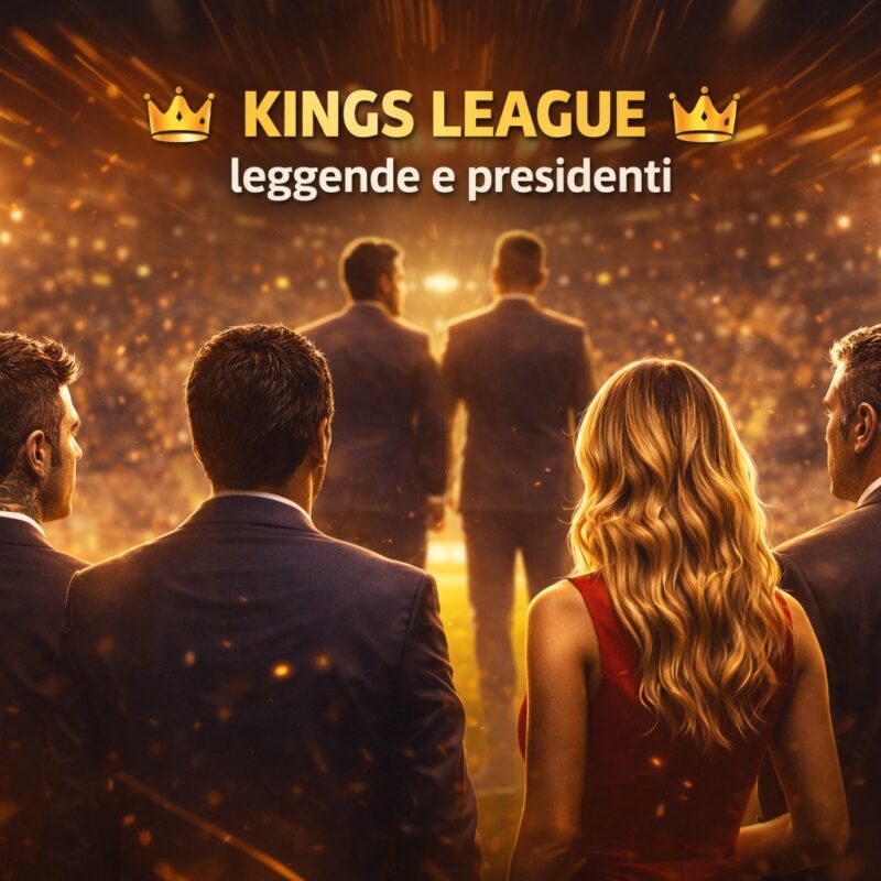 Grafica Kings League con quattro presidenti di spalle in abito elegante davanti a uno stadio illuminato con atmosfera dorata. testo visibile Kings League leggende e presidenti