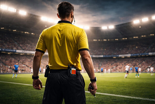 Arbitro di calcio di spalle in uno stadio illuminato, simbolo della storia dell’arbitro nel calcio dall’origine alla Var