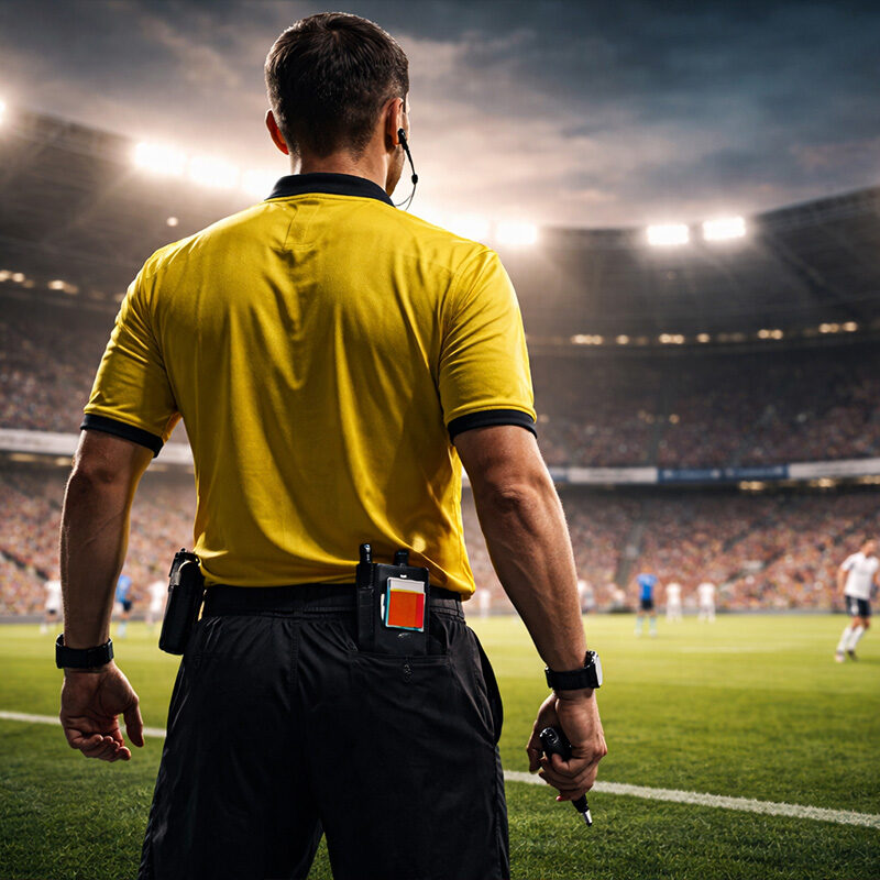 Arbitro di calcio di spalle in uno stadio illuminato, simbolo della storia dell’arbitro nel calcio dall’origine alla Var