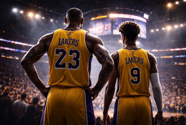 LeBron Lakers futuro: due giocatori di basket di spalle in campo NBA con maglia gialla, illuminati dalle luci dell’arena durante una partita