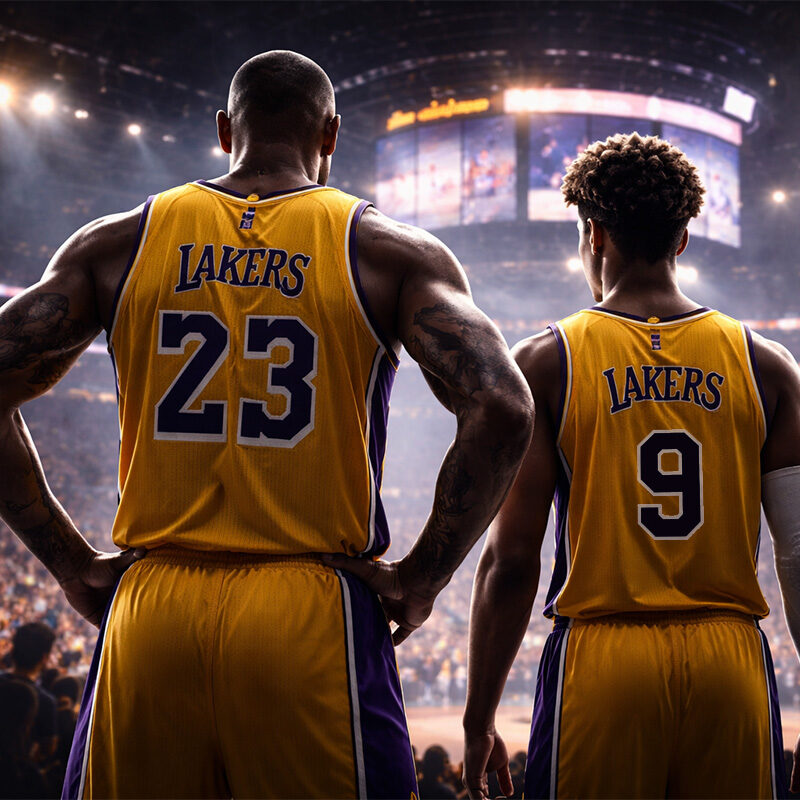 LeBron Lakers futuro: due giocatori di basket di spalle in campo NBA con maglia gialla, illuminati dalle luci dell’arena durante una partita