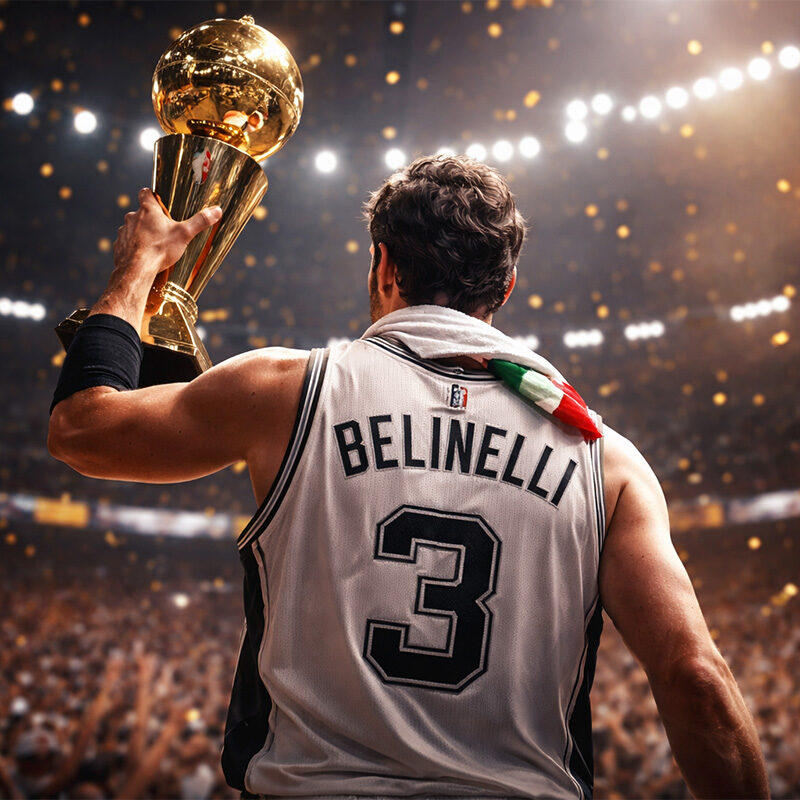 Marco Belinelli di spalle mentre solleva il trofeo Larry O’Brien dopo la vittoria del titolo con gli Spurs