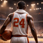 Marvin Barnes di spalle su un campo NBA illuminato, illustrazione realistica di un pivot anni 70 durante una partita di basket