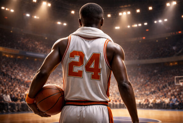 Marvin Barnes di spalle su un campo NBA illuminato, illustrazione realistica di un pivot anni 70 durante una partita di basket