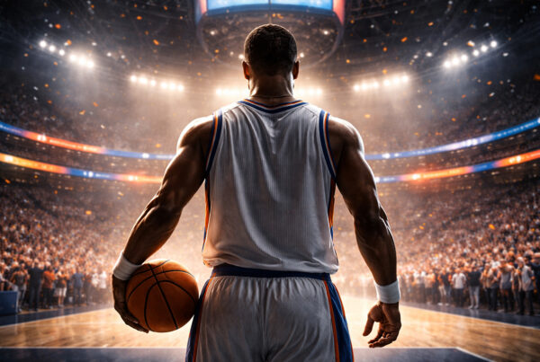 Nate Robinson storia rappresentata con giocatore NBA di spalle in arena illuminata con pallone da basket