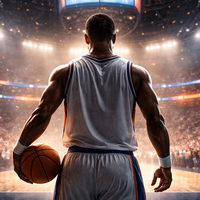 Nate Robinson storia rappresentata con giocatore NBA di spalle in arena illuminata con pallone da basket