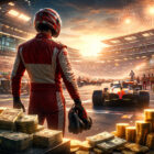 Pilota di Formula 1 di spalle nel paddock con monoposto, trofeo e denaro simbolico che rappresentano i ricavi Formula 1