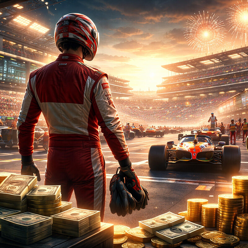 Pilota di Formula 1 di spalle nel paddock con monoposto, trofeo e denaro simbolico che rappresentano i ricavi Formula 1