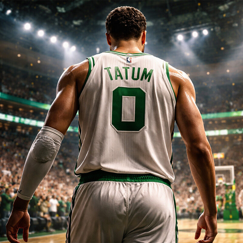 Rientro Tatum Celtics: giocatore di basket visto di spalle entra sul parquet del palazzetto NBA con il pubblico sugli spalti.
