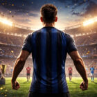 Calciatore di spalle in stadio illuminato durante la rimonta scudetto Inter, atmosfera intensa e partita decisiva