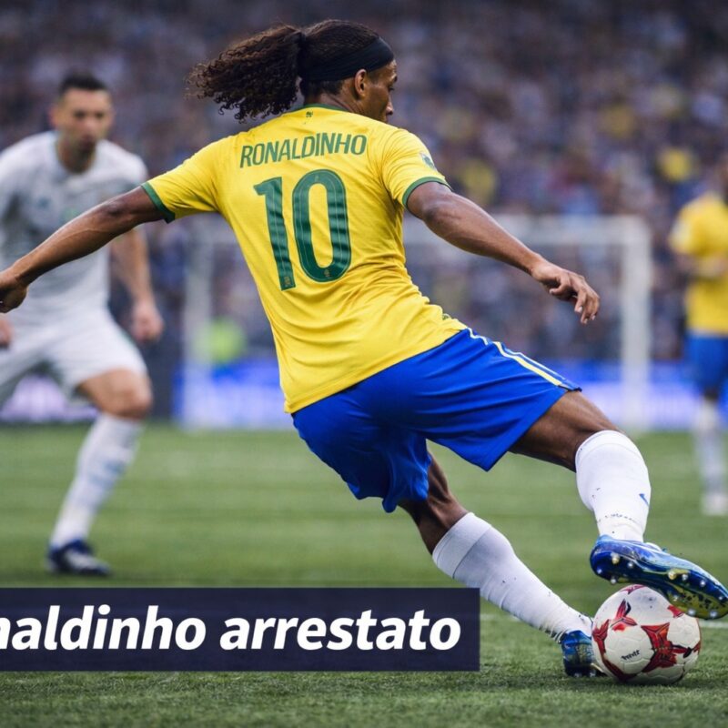 Ronaldinho arresto – calciatore brasiliano di spalle con maglia giallo-verde numero 10 mentre esegue un dribbling ruleta con la scritta “Ronaldinho arrestato”.