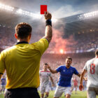 Arbitro mostra cartellino rosso durante Sampdoria Piacenza 1997 allo stadio Marassi con giocatori che protestano in campo