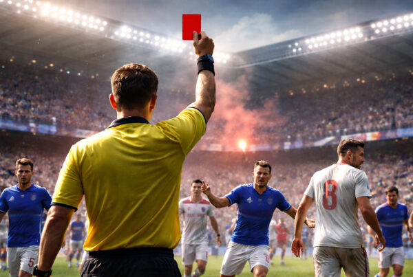 Arbitro mostra cartellino rosso durante Sampdoria Piacenza 1997 allo stadio Marassi con giocatori che protestano in campo