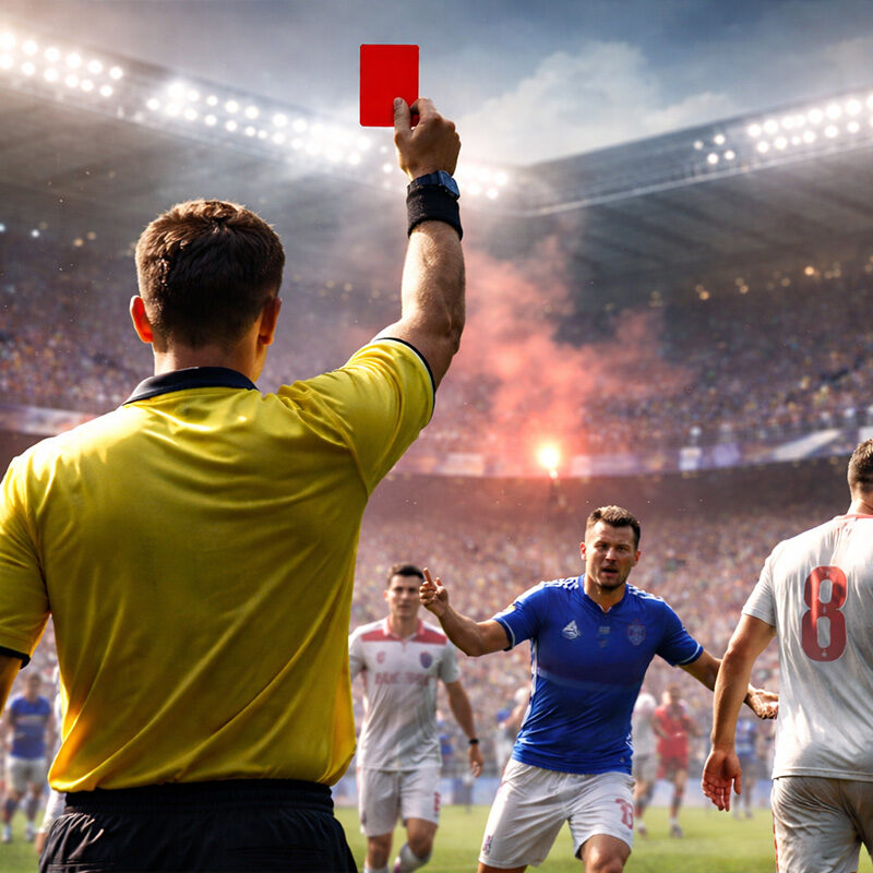 Arbitro mostra cartellino rosso durante Sampdoria Piacenza 1997 allo stadio Marassi con giocatori che protestano in campo