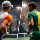 Illustrazione realistica di tennis con due giocatori di spalle che rappresentano la sfida Sinner-Fonseca in uno stadio illuminato durante un match professionistico.