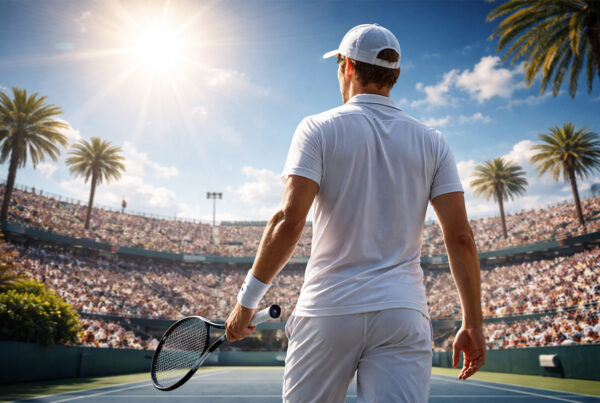 Tennista di spalle sotto il sole nel torneo Sinner caldo Indian Wells durante una partita su campo in California