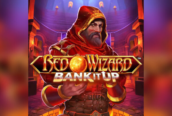 Slot Red Wizard Bank It Up di Playtech con mago rosso e sfere di energia nel castello magico