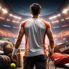 Sponsor tennis: tennista di spalle in campo durante un torneo con attrezzatura e brand sportivi sullo sfondo