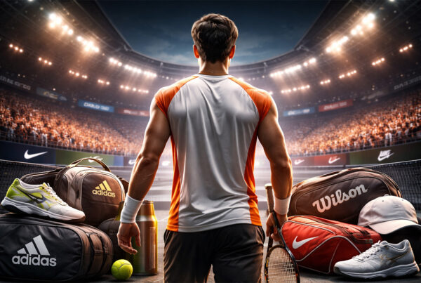 Sponsor tennis: tennista di spalle in campo durante un torneo con attrezzatura e brand sportivi sullo sfondo