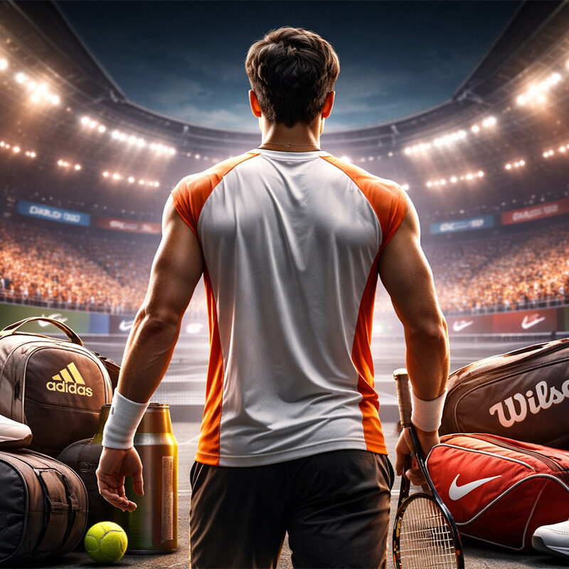 Sponsor tennis: tennista di spalle in campo durante un torneo con attrezzatura e brand sportivi sullo sfondo