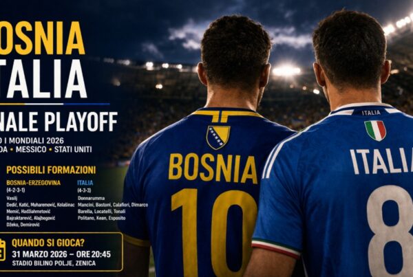 Giocatori di Bosnia e Italia di spalle nello stadio con scritta Bosnia Italia Finale Playoff – possibili formazioni – quando si gioca?