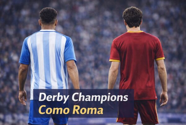 Due calciatori di spalle con maglie dai colori di Como e Roma in campo con la scritta Derby Champions Como Roma