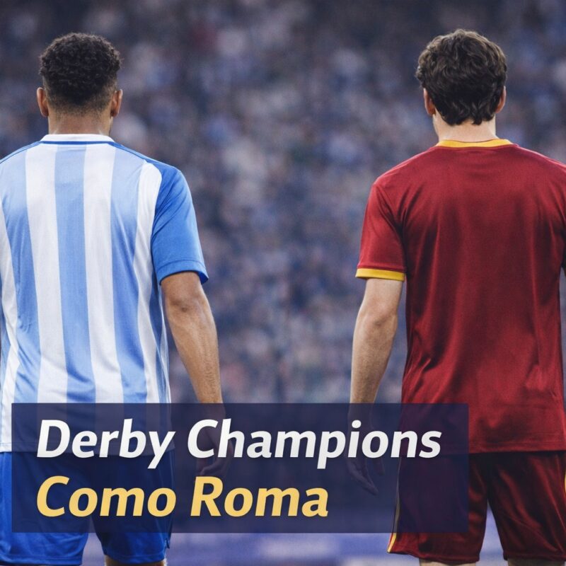 Due calciatori di spalle con maglie dai colori di Como e Roma in campo con la scritta Derby Champions Como Roma