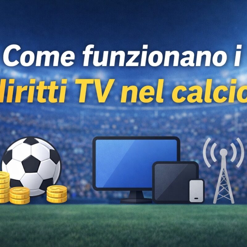 Grafica con scritta Come funzionano i diritti TV nel calcio su sfondo stadio con icone di TV, streaming e denaro