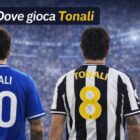 Due versioni di Sandro Tonali di spalle in uno stadio illuminato: a sinistra con maglia azzurra dell’Italia numero 20, a destra con maglia bianconera numero 8, sotto il titolo Dove gioca Tonali.