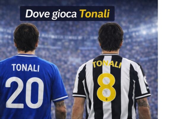 Due versioni di Sandro Tonali di spalle in uno stadio illuminato: a sinistra con maglia azzurra dell’Italia numero 20, a destra con maglia bianconera numero 8, sotto il titolo Dove gioca Tonali.