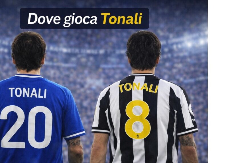 Due versioni di Sandro Tonali di spalle in uno stadio illuminato: a sinistra con maglia azzurra dell’Italia numero 20, a destra con maglia bianconera numero 8, sotto il titolo Dove gioca Tonali.