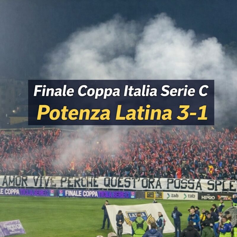 Tifosi del Potenza in festa allo stadio con fumogeni e scritta Finale Coppa Italia Serie C Potenza Latina 3-1 al centro.