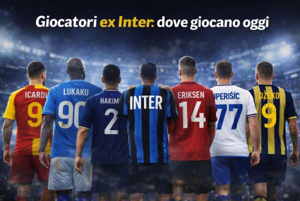 Giocatori ex Inter dove giocano oggi rappresentati di spalle con maglie delle squadre attuali e una maglia nerazzurra al centro.