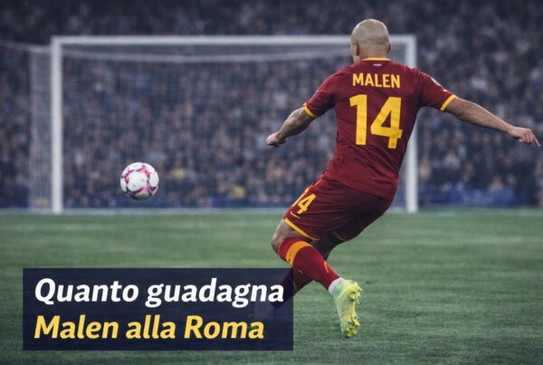 Giocatore della Roma di spalle con maglia numero 14 mentre calcia il pallone, con la scritta Quanto guadagna Malen alla Roma