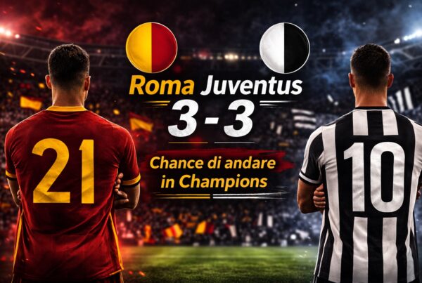 Grafica Roma Juventus 3-3 con due giocatori di spalle, numeri 64 e 10, e scritta “Chance Champions?” in evidenza.