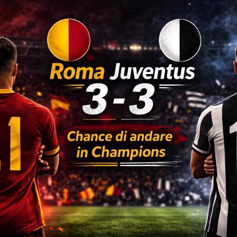 Grafica Roma Juventus 3-3 con due giocatori di spalle, numeri 64 e 10, e scritta “Chance Champions?” in evidenza.