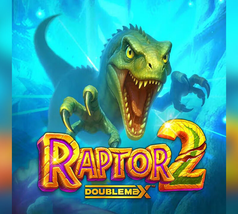 Slot Raptor 2 di Yggdrasil con dinosauro raptor e logo DoubleMax nella giungla preistorica