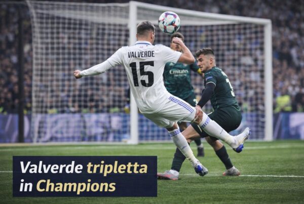 Valverde tripletta in Champions – Federico Valverde di spalle con maglia del Real Madrid esegue un sombrero davanti alla porta contro un difensore